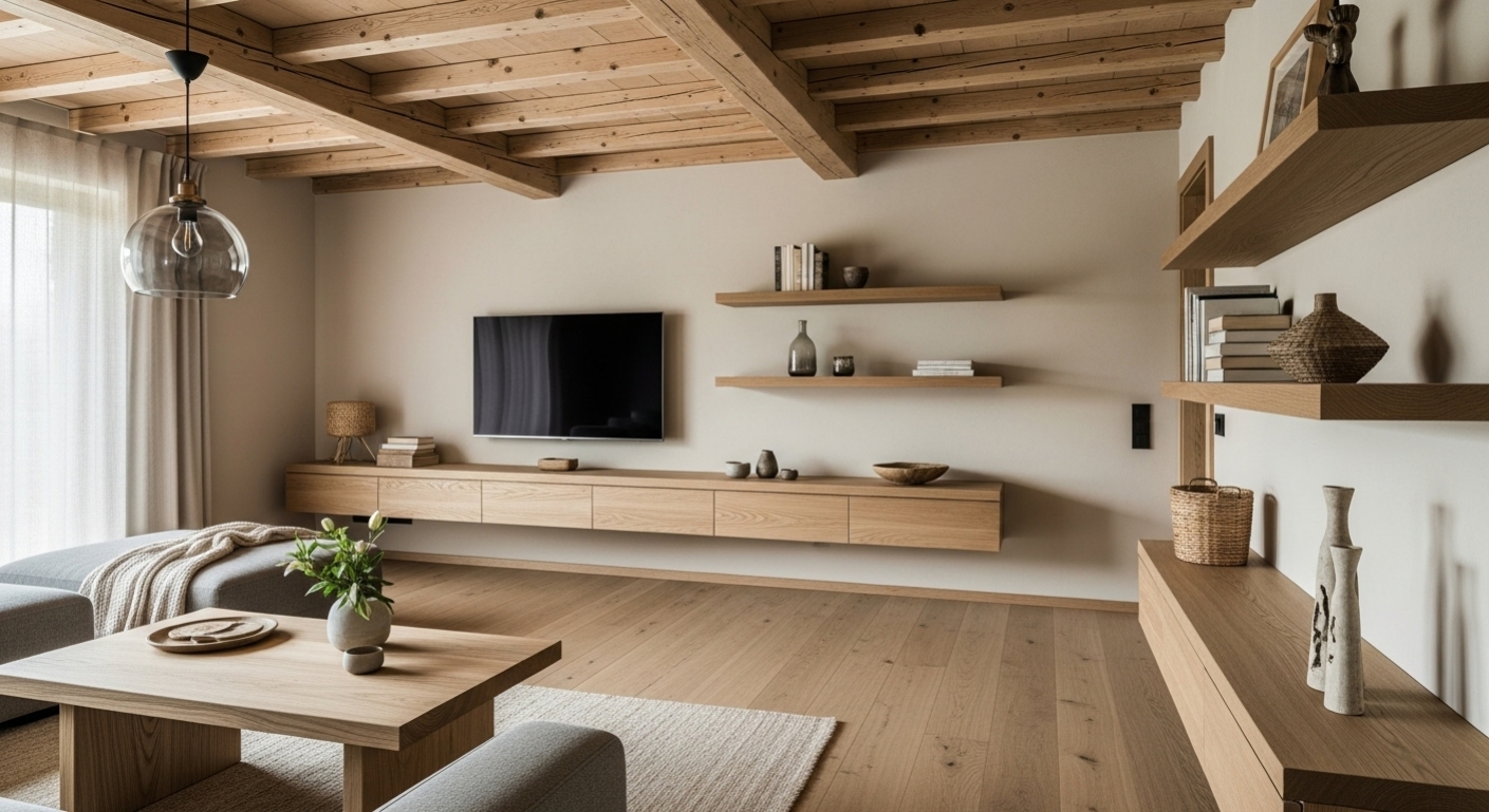 סלון כפרי מודרני משולב עץ