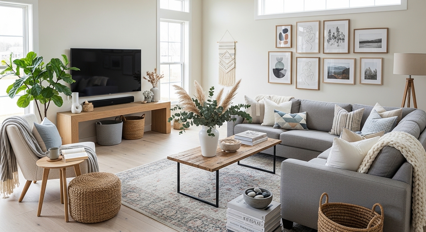 סלון סקנדינבי עם פריטים כפריים